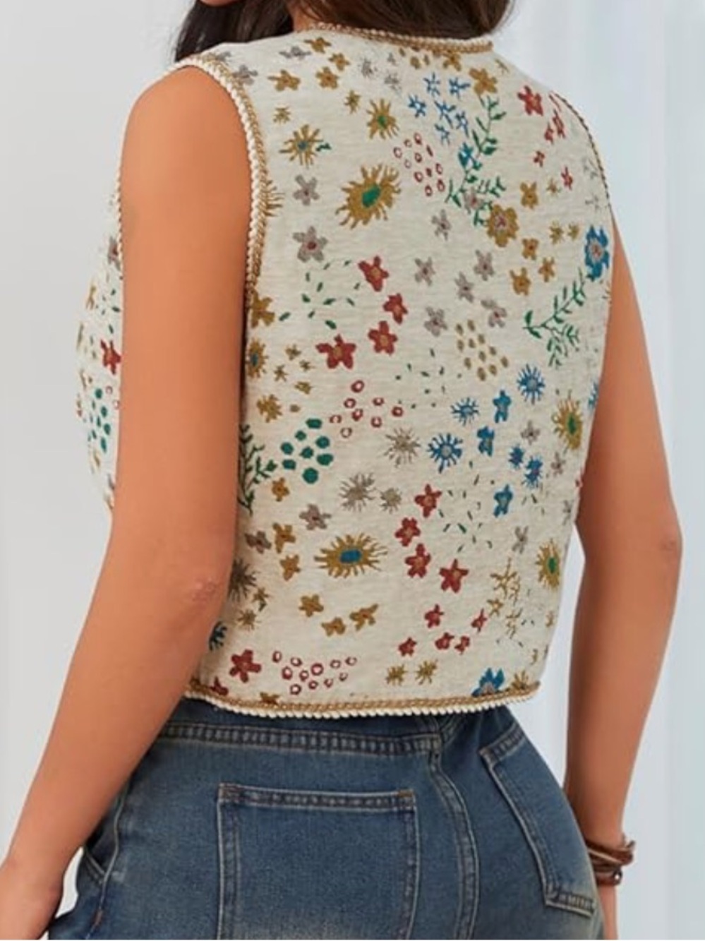Shein Boho Cowgirl Tapestry Floral Tie Front Vest Cream Gold Braided Trim - Picture 2 of 10